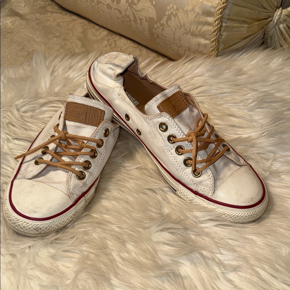 Converse Women’s White Distressed Sneakers with Tan Laces Size 11